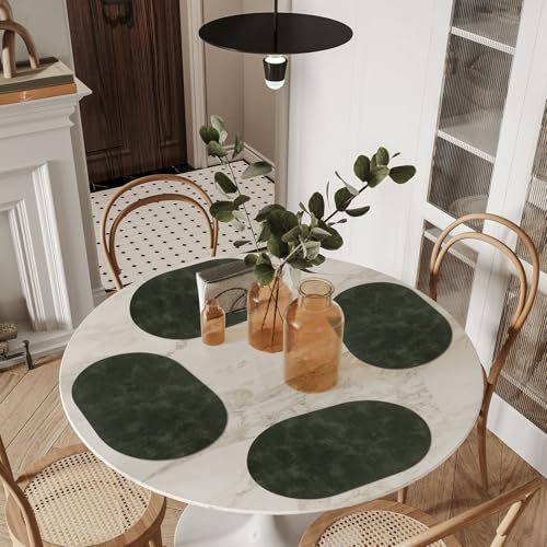 ADRIMER Oval Placemats Set of 6, Wipeable Faux Leather, Olive Green - color: Olive Green