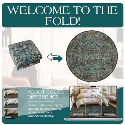 Boho Round Rug 5ft, Washable Black Green Floral Bedroom Circle Rug - color: Black / Multi, size: 5' (Round)