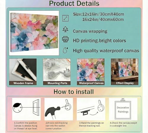 KKJ Abstract Floral Canvas Wall Art, Pastel Floral Picture, Canvas Wrap - size: 16"L x 12"W