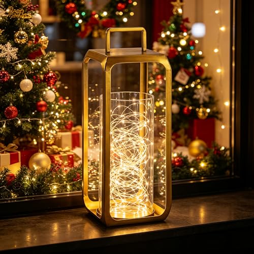 15" High Minimalist Metal Glass Lantern with Handle in Antique Brass for Pillars, Hurricane Candle Holder for Mantels, Tabletop, Centerpieces, Shelves, Entryways, Patio, Deck, Contemporary, Farmhouse - size: 15"