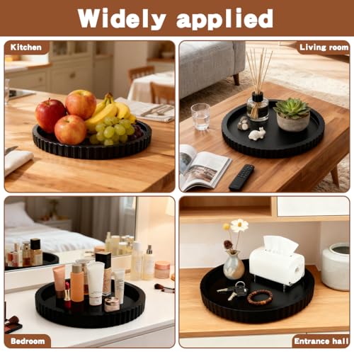 Black Round Wood Tray, 11 in Fluted Vanity Tray - color: Black