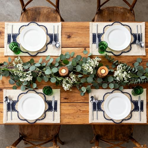 4pc Sunflower Rattan Placemat Set, Woven Boho Table Mats, Blue - color: Blue-set of 4