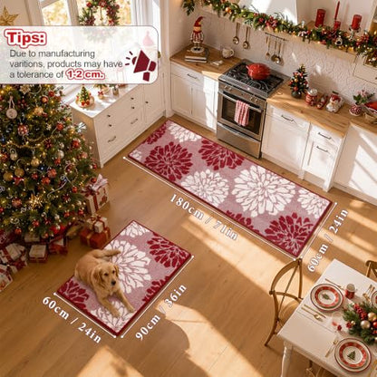 Findosom Christmas Kitchen Rugs Sets of 2, Floral Washable Kitchen Runner - color: Red, size: 24" x 36" + 24" x 71"