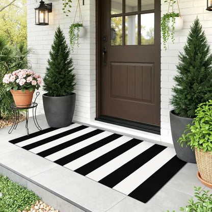 KOZYFLY Black and White Striped Runner Rug 2x4.3 ft Mat Woven Cotton Rug - color: Black and White, size: 2' x 4'3" (Runner)
