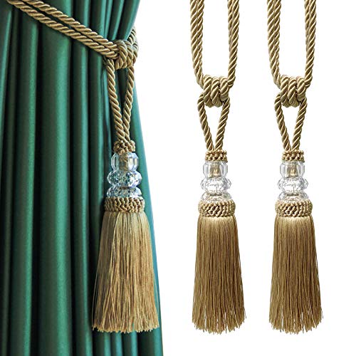 Tassel Curtain Tiebacks Handmade Curtain Tie Backs, Elegant Crystal Curtain Holdbacks for Home Office Decor (Golden, 2P) - color: Golden, size: 2P