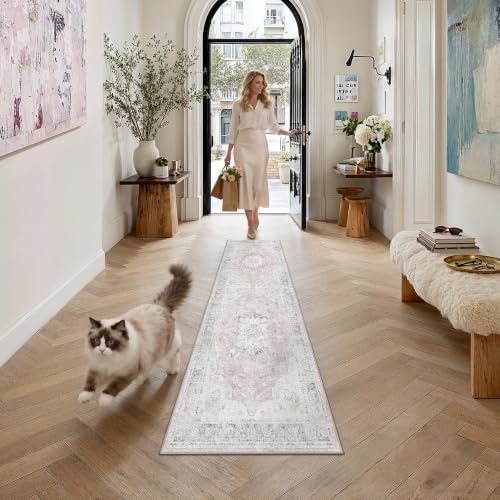 PureCozy Pink Blue 2x6 Runner Rug Vintage Distressed - color: Vintage | Pink Blue, size: 2' x 6' (Runner)