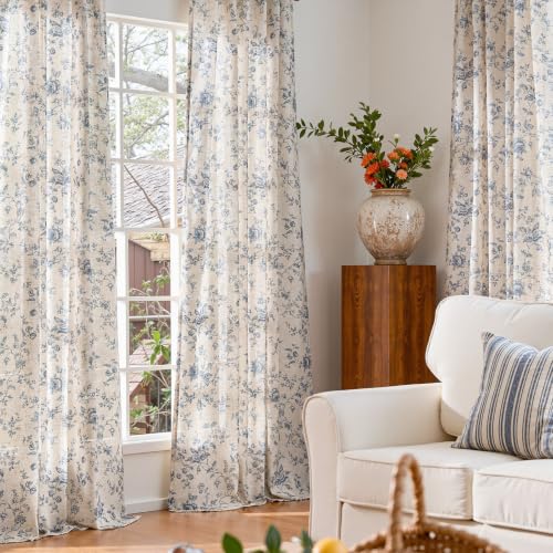 jinchan Custom Size Curtain Blue Floral Linen Curtain Back Tab 1 Panel - color: Amlie Blue, size: Custom