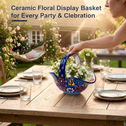Ceramic Candy Dish, Small Fruit Basket with Handle, Key Holder, Decor Bowl - color: Cobalt Blue Embossed