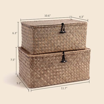 Nonam Wicker Storage Basket with Lid,Seagrass Shelf Basket Set of 2,Coffee - color: Coffee-S+M