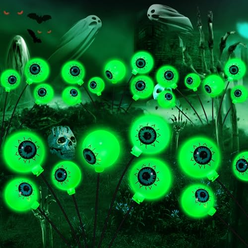 ZFNN Solar Halloween Decorations, 4 Pack 24 LED Spooky Eyeball Lights, Outdoor Waterproof Solar Green Firefly Lights for Garden Yard Patio Pathway Lawn Halloween Party - color: Green Eyeball, size: 4 Pack