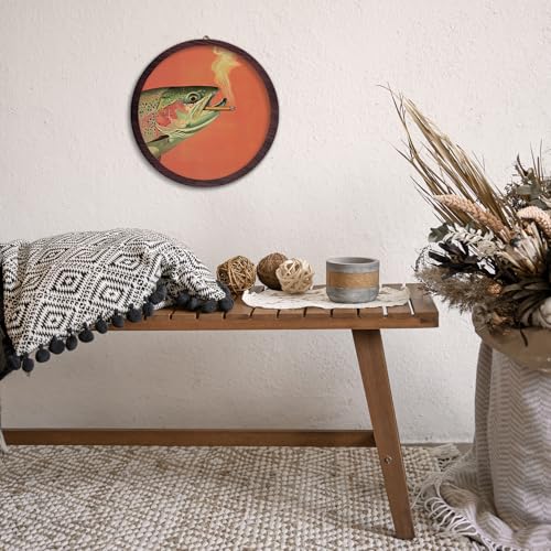 XDFVL Retro Fish Smoking Round Wall Art Decor, Modern Frame Hanging Wooden Prints, Rustic Whimsical Round Wall Art Decor for Living Room Bedroom Bathroom Bar, 10x10 Inch - color: smoking fish