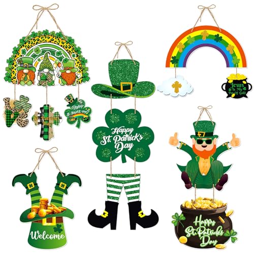 St-Patricks Day Decorations Front-Door Hanger-Decor - 5pcs Green Saint St. Patrick'S Shamrock Hat Party Paper Signs Banner, Irish Home Birthday Anniversary Wall Hanging Garland Lasting Surprise - color: St. Patrick's Day Door Hanger-5pcs