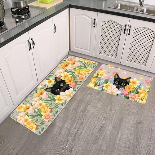Tulip Black Cat Kitchen Mats Set of 2, Waterproof Non-Slip Kitchen Rugs - color: Tulip Black Cat