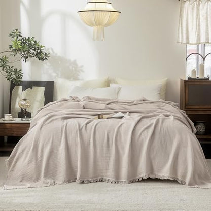 FOSSA Muslin Blanket 4-Layer 100% Cotton Gauze Blanket with Fringe 90"x90" - color: Beige Gray, size: Queen (90" × 90")