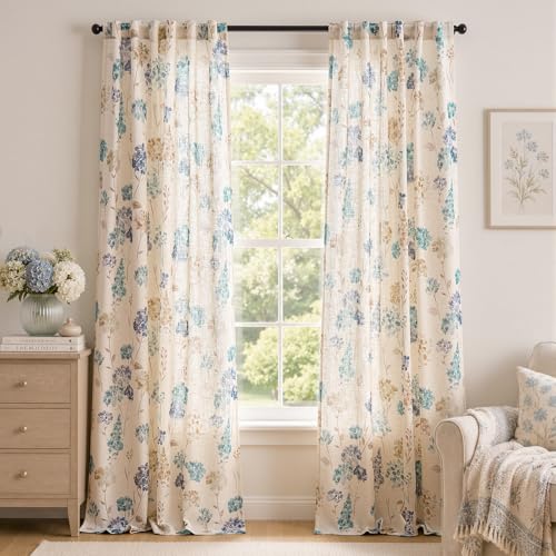 jinchan Floral Linen Curtains 96 Inch Vintage Cottagecore Back Tab 2 Panels - color: Vanya Blue Green, size: 50"W x 96"L (Pack of 2)