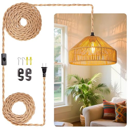 Maliralt Hanging Lamps Rattan Pendant Light Hanging Lights 16.4ft Plug in Cord Pendant Light Fixture Plug Into Wall Outlet Pendant Lighting with On Off Switch for Bedroom Living (Mongolian Yurt) - size: 12.8 Inch - Mongolian Yurt