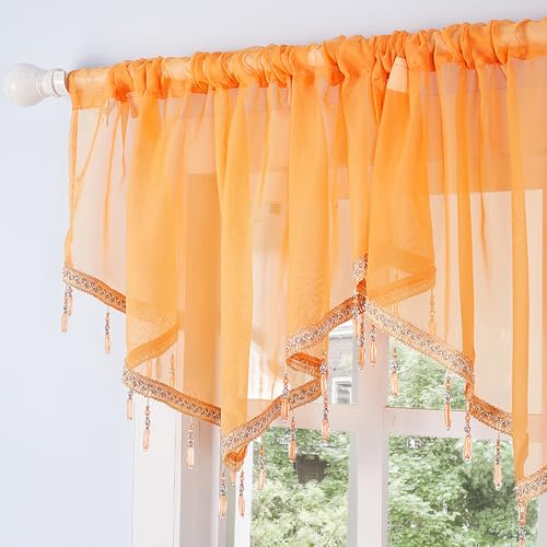 Molaxhome Swag Curtain Scalloped Curtain Valance Drape Sheer Lace Panel 1pc - color: Orange