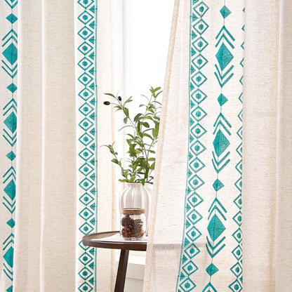 Teal Boho Linen Curtains 63 Inch 2 Panels for Living Room Bedroom - color: Geometric-teal, size: 52"W x 63"L (Pack of 2)