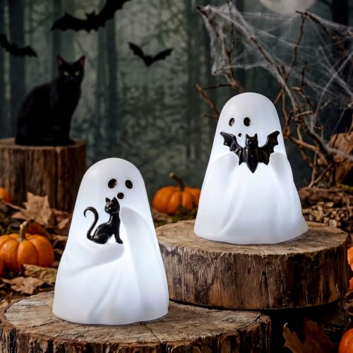 GenSwin Bat & Cat Ghost Halloween Ghost Flameless Candles with Timer - color: Bat & Cat Ghost