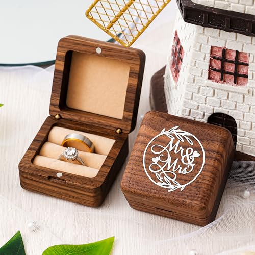 KWOOD Custom Wooden Wedding Ring Box for 2 Rings, Engraved Mr & Mrs Double Ring Holder for Wedding Ceremony Ring Bearer Box Anniversary Birthday Gift Ideas - style: S-Mr & Mrs