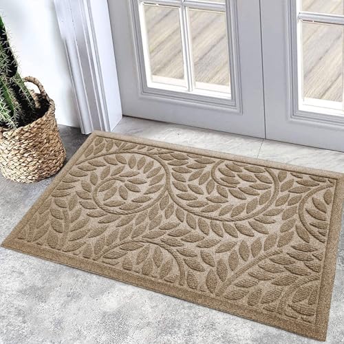 Bulijojo Front Door Mat Entrance,Durable Heavy Duty Welcome Mat,Thick Absorbent Natural Rubber Non Slip Mat, Sturdy Entryway Beige, 23"x35" - color: Beige, size: 1'11" x 2'11" (Leaf)