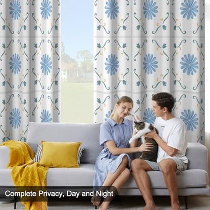 Blue Blackout Curtains 84 Inch Long 2 Panels Set, Gingham Floral Pattern Window Thermal Blackout Curtains for Bedroom and Living Room, Soundproof Privacy Thermal Insulated Curtains with Rope Tiebacks - color: Plaid Daisy Print