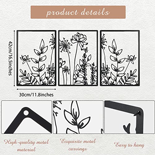 Therwen 3 Pcs Black Metal Wall Art Minimalist Floral Hanging,Cute Style - style: Cute Style