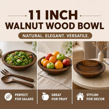 ZENFUN Wooden Decorative Bowl, Walnut Tray Dish Kitchen Dining for Fruit and Salad, Round Hand Crafted Walnutwood Serving Bowl, Home Decor Wood Bowls 10.8" Diameter x 2.6" Height, Seamless