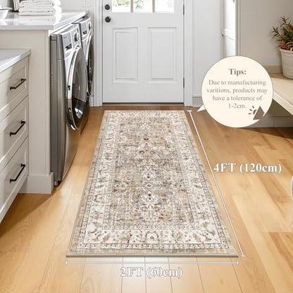 LOKHOM 2x4 Washable Area Rugs, Boho Floral Non-Slip Carpet Rug, Beige - color: Beige Brown, size: 2' x 4' (Runner)
