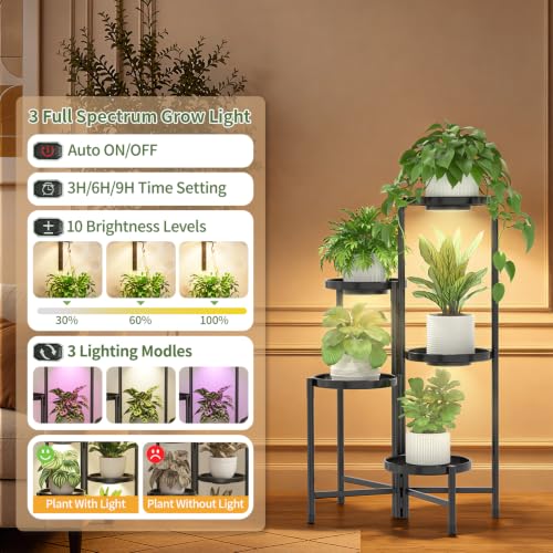 LASZOLA Plant Stand Indoor 10 Inch Large Tray With Lights, 5 Tier Black - color: Black with Light, size: 5 Tier
