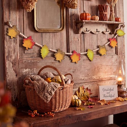 Qunclay 5.1ft Fall Wooden Leaves Garland with Bead Maple Leaves Banner