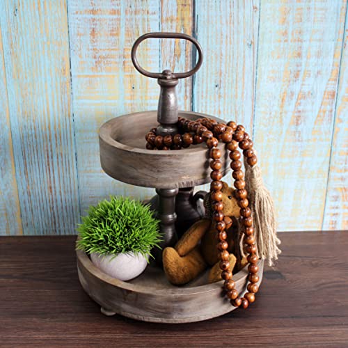 CVHOMEDECO. Wood Grain Beads Garland with Tassels Farmhouse Rustic Wooden Prayer Bead String Wall Hanging Accent for Home Festival Decor. Dark Tan - color: Dark Tan
