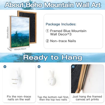 CHDITB 3Pcs Blue Ridge Mountain Forest Framed Canvas Wall Art 16x24 Inch - color: Blue Mountain, size: 16"L x 24"W