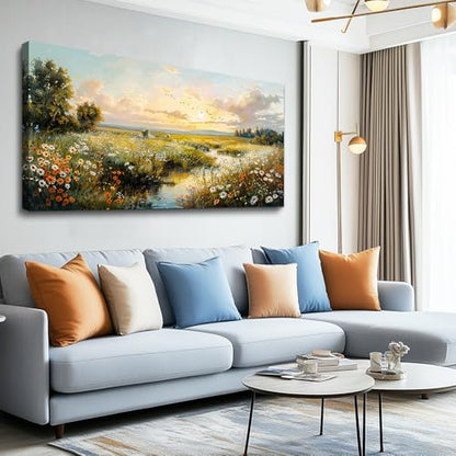 XIGUANGART Nature Landscape Wall Art, Sunset Wildflowers Pictures 20X40 In - color: Pastoral Scenery Paintings, size: 40"L x 20"W