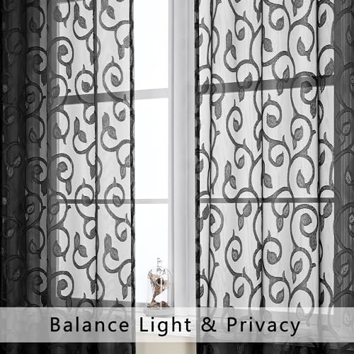 OWENIE Furman Black Sheer Curtains 54 inch Length for Living Room Bedroom 2 Panels Set, Lightweight Small Window Curtains with Geometric Jacquard Clip Voile Curtains, Dual Rod Pocket, 28Wx54L inch - color: Black, size: 28"W x 54"L (Pack of 2)