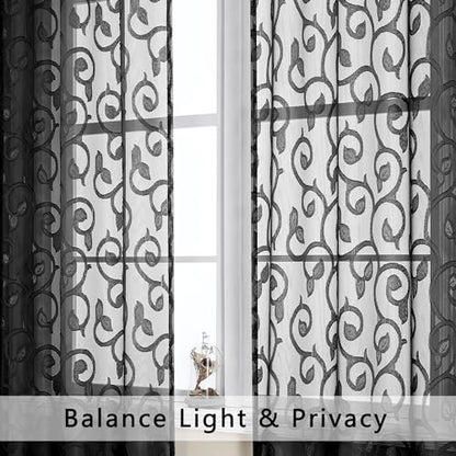 OWENIE Furman Black Sheer Curtains 54 inch Length for Living Room Bedroom 2 Panels Set, Lightweight Small Window Curtains with Geometric Jacquard Clip Voile Curtains, Dual Rod Pocket, 28Wx54L inch - color: Black, size: 28"W x 54"L (Pack of 2)