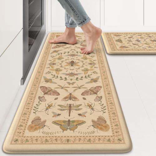 KIMODE Kitchen Mats for Floor 2 Piece Anti Fatigue Cushioned Kitchen Rugs - color: Cream Beige Botanical