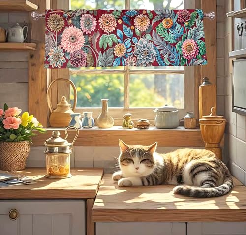 Bohemian Floral Dahlia Scroll Window Valance 52 X 16 Inches - color: Dahlia-red