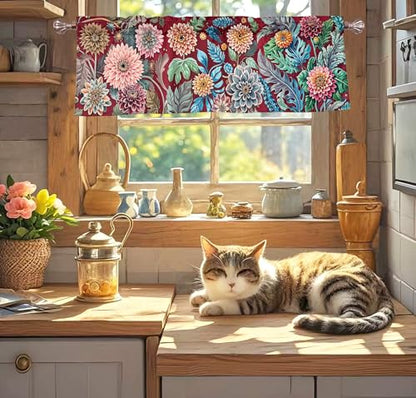 Bohemian Floral Dahlia Scroll Window Valance 52 X 16 Inches - color: Dahlia-red