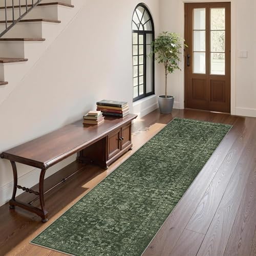 2x7 Washable Kitchen Runner Rug Non-Slip Boho Dark Green Throw Carpet - color: Dark Green, size: 2' x 7' (Runner)