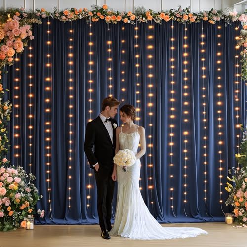 20 x 10ft Navy Blue Backdrop Curtains with Lights String - color: Navy Blue, size: W5' x H10'(4 panels)