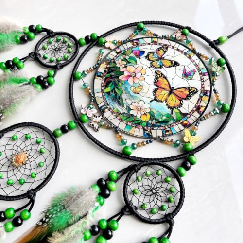 Large Dream Catchers, Rainbow Healing Crystal Tree of Life Dreamcatcher with Butterfly Suncatcher for Windows Hangings Decor, Home Wall Hanging Decor,Adults Boys Girls Festival Blessing Gift (Green)