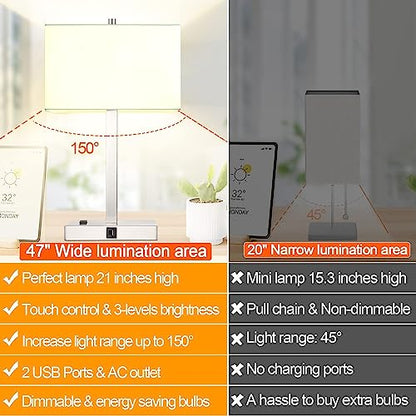 21" Touch Bedside lamps with 2 USB & AC Outlets, 3-Way Dimmable Bedside Table Lamps Set of 2 for Bedroom Living Room Office Reading, White Shade Lamps for Night Stands, 3000K LED Bulbs Included - color: White Cream Linen & Brushed Nickel