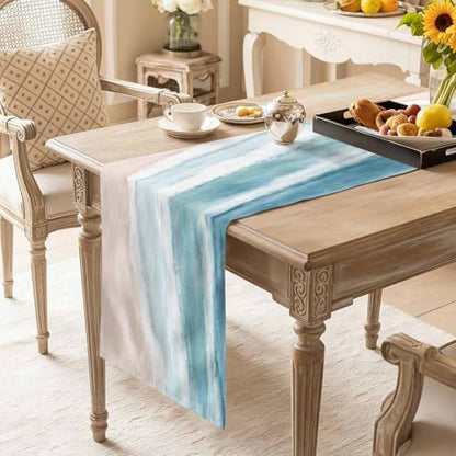Ombre Coastal Table Runner 36 Inches Long,Summer Ocean Beach Beige Cotton Linen Table Runners Dresser Scarves,Gradient Blue Waves Fabric Tabletop Scarf Furniture Cover for Home Dinner Party 13"x36" - color: Light Blue Green Beige, size: 13x36 Inches