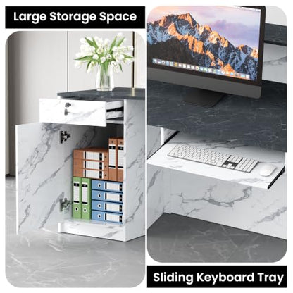 78.7"Reception Desk with Vertical Slat Panels for Office, Salon & Lobby - color: White Marble/Blue-gray Marble, size: 78.7''L x 23.6''W x 39.3''H