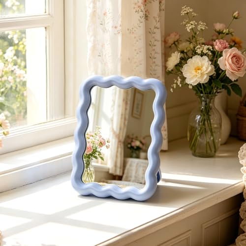 Wave Table Desk Vanity Makeup Mirror Small Make Up Office Mirror Blue - color: Blue