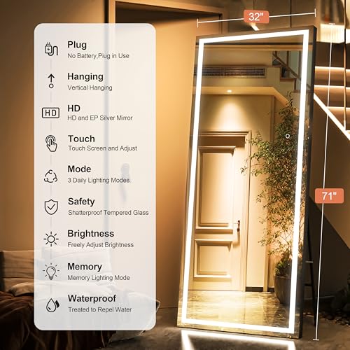 71" x 32" Full Length Mirror with Lights, LED Lighted Floor Standing Body Mirror, Dimmable & 3 Color Lighting for Bedroom, Cloakroom, Dressing Room, Tempered Glass, Black Frame - color: Black, size: 71"L x 32"W