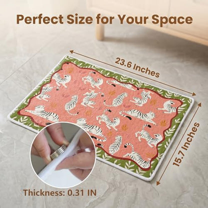 Boho Tiger Bathroom Mat,Pink Green Chinoiserie Kitchen Mat,Soft Non-Slip Tiger Decorative Mats Rug for Bathroom Dressing Table Shower Tub Kitchen Entry Door,24x16Inch