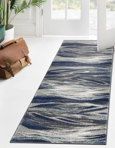 Keen Home Design Abstract Non-Shedding Runner Rug, Soft Thick Pile, 2x8 - color: Skrik Navy, size: 2'8" x 7'7" (Runner)