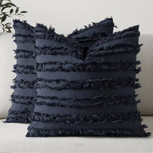 MIULEE Boho Linen Striped Throw Pillow Covers 18x18, Navy Blue - color: Navy Blue, size: 18" x 18" (Pack of 2)